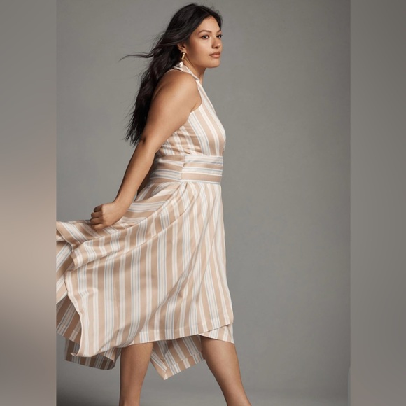 Anthropologie Maeve NWT Tan Striped Asymmetrical Wrap Shirt Dress Size 10 - Picture 3 of 12